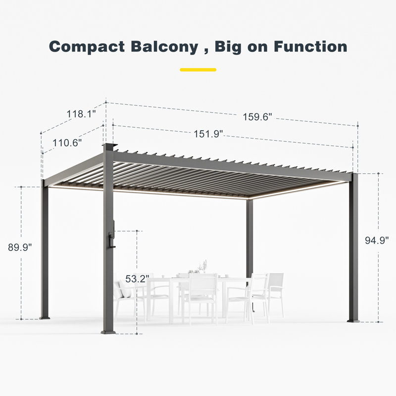 Pergola à persiennes imperméable à DEL avec toit réglable, pergola de terrasse extérieure en métal résistante à la rouille toutes saisons, structure d'ombrage robuste pour terrasse de jardin