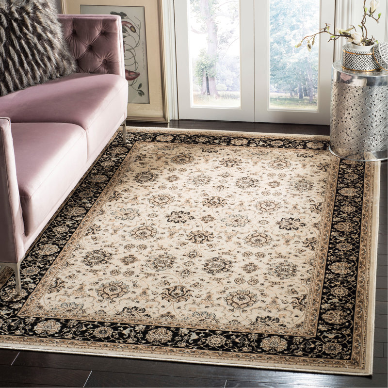 Petronella Viscose Oriental Rug in Ivory/Black, Rectangle 6'7" x 9'6"
