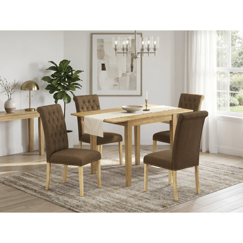 L'ensemble de table de salle à manger 5 pièces pour 4 personnes comprend une table de cuisine rectangulaire avec Dropleaf et 4 chaises rembourrées en tissu de lin brun, chêne