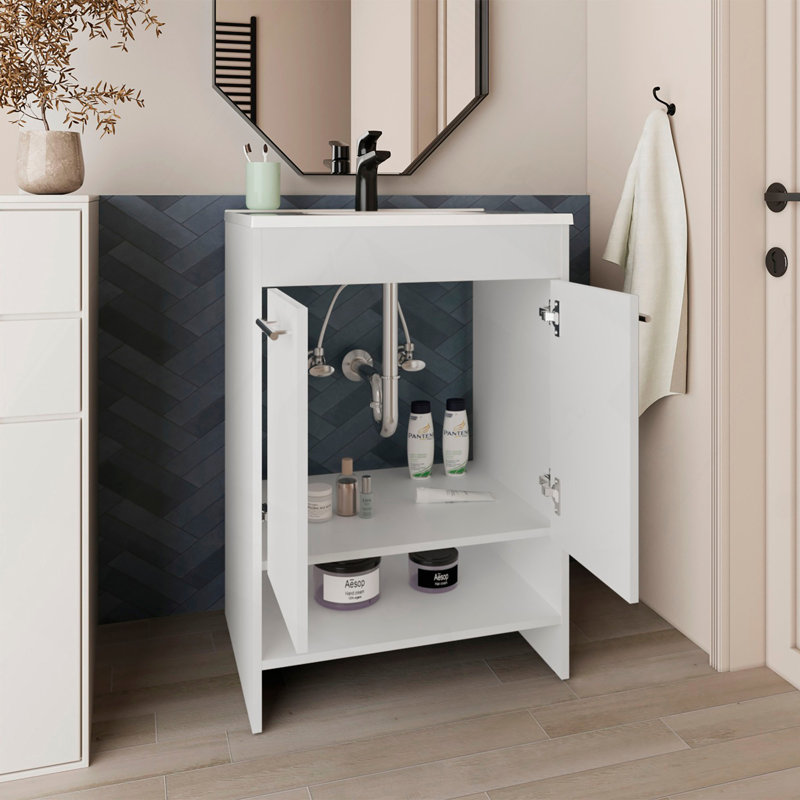 Meuble-lavabo de salle de bain avec lavabo, 2 portes, 2 tablettes, blanc, Blanc