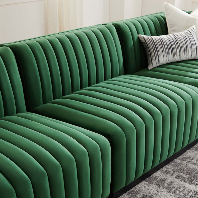 Green Velvet Channel Tufted Sofa with Black Base