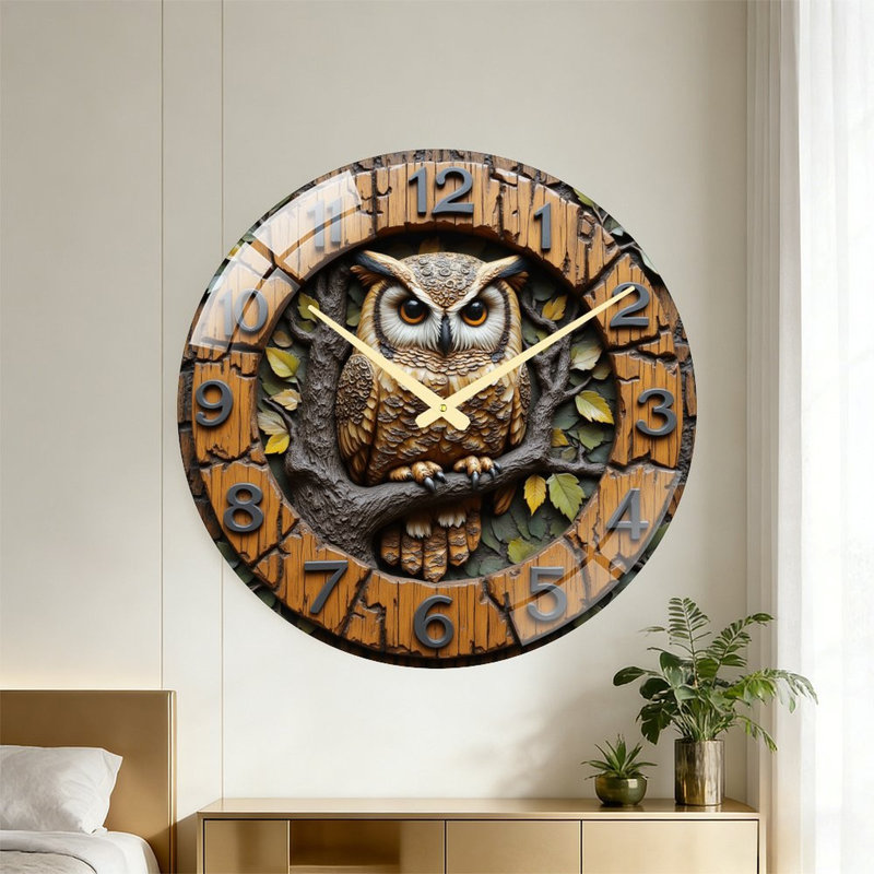 Owl Wall Clock Decor Art - 24‘’ Modern Glass Wall Clock