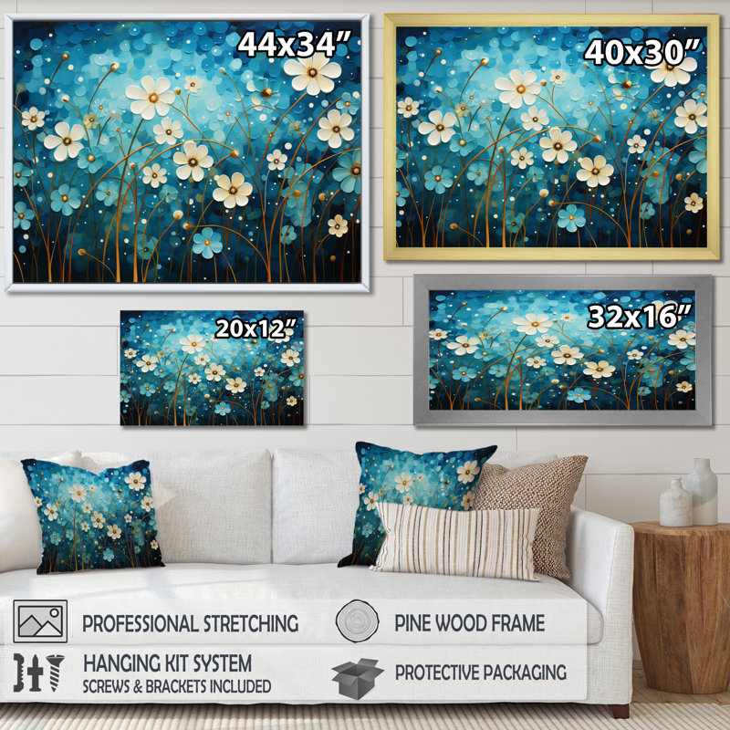 «Turquoise Tranquility», art mural abstrait, H 34 po x l 44 po x P 1,5 po, Cadre flottant doré