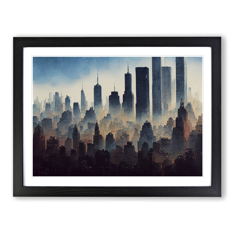 Watercolour New York Skyline Vol.2 - Single Picture Frame Painting, 46cm H x 64cm W x 2cm D, Black