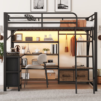 Metal Loft Bed with Desk, LED, Storage Shelves, Wardrobe & Drawers, Kids, Black by Ivy Bronx