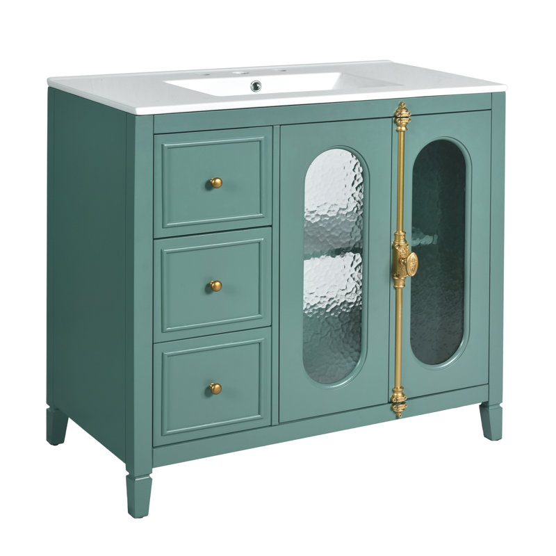 Meuble-lavabo de 36 po avec 2 portes à fermeture douce, armoire de rangement moderne à 3 tiroirs avec cadre en bois massif