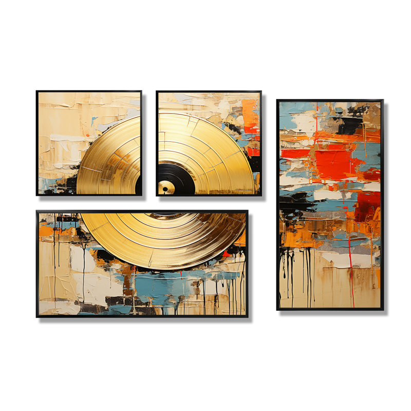 Minimalisme, disques vinyle - art mural sur toile doré 4 pièces, Impression encadrée sans passe-partout, Noir