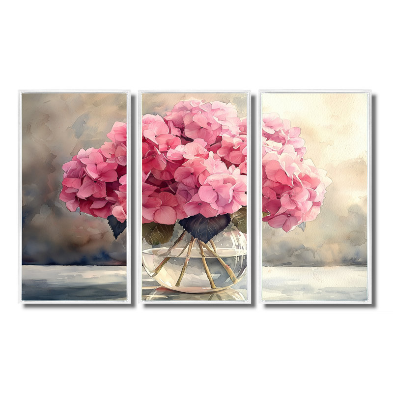 Hortensias dans un vase en verre II - art mural hydrangées - 3 panneaux, H 28 po x l 36 po, Blanc