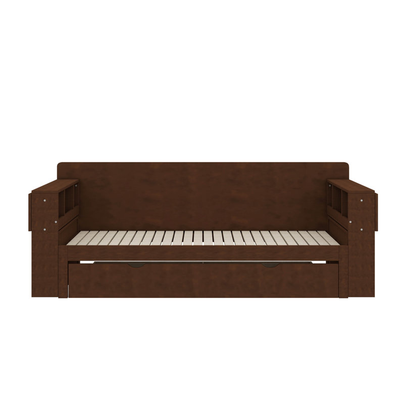 Wooden Queen-Size Daybed With Built-In Storage Drawers, Removable Desk, And Hydraulic Side Table, Espresso, Queen