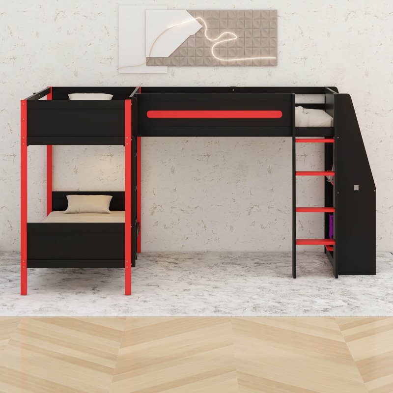 Lit superposé simple au-dessus de simple en L, lit mezzanine de jeu avec bureau, étagère de rangement et éclairage DEL