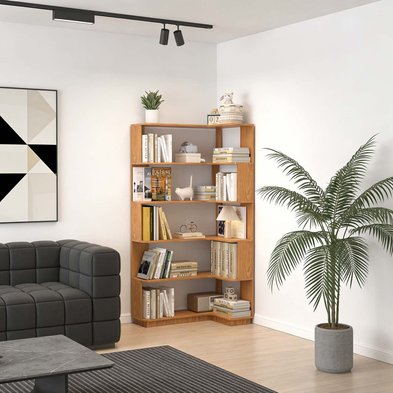 Freestanding Corner Bookshelf,Ideal for Space-Saving Storage and Display in Living Rooms,Bedrooms,and Home Offices, Dark Oak