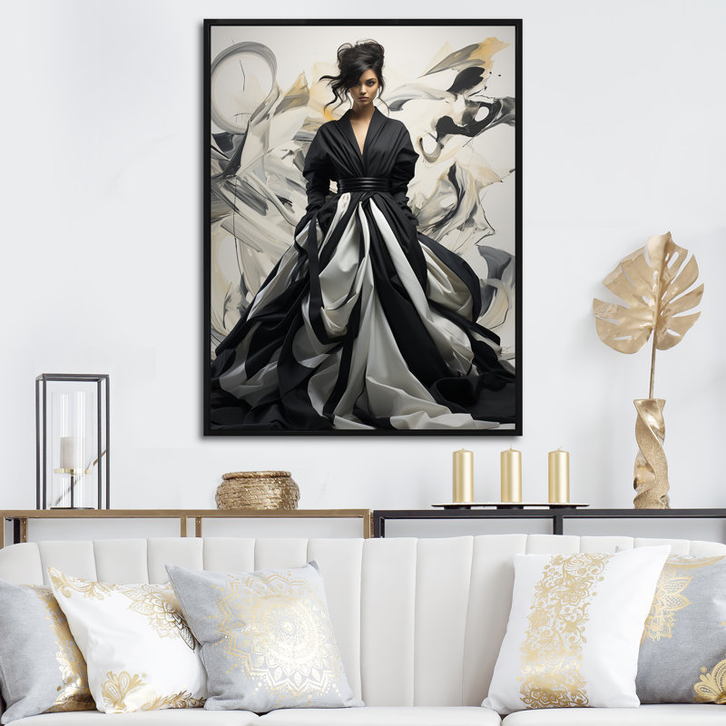 Noir et blanc, mode féminine, élégance dévoilée III - art mural mode, Cadre flottant noir, H 32 po x l 24 po