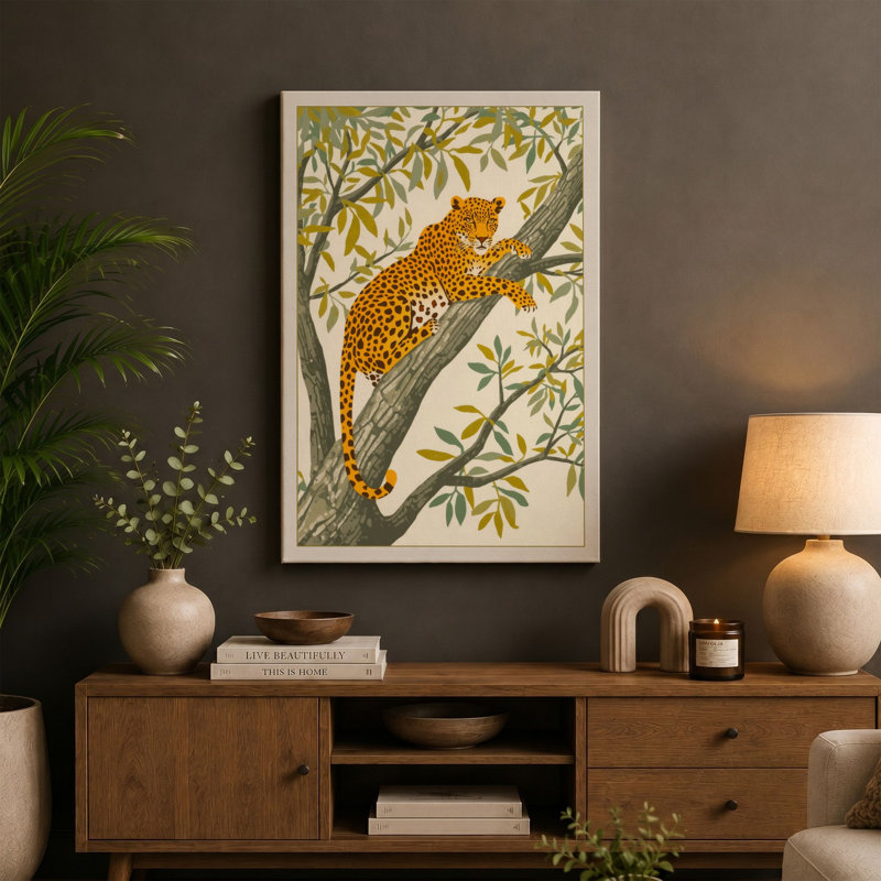 Resting Leopard Botanical - Wrapped Canvas, 30x20 - 76.2 x 50.8 cm, Cream Border