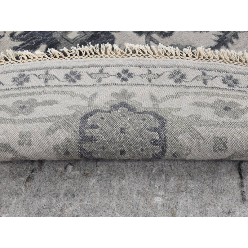 Tapis rond gris en laine et en soie noué à la main 10 pi x 10 pi Heris