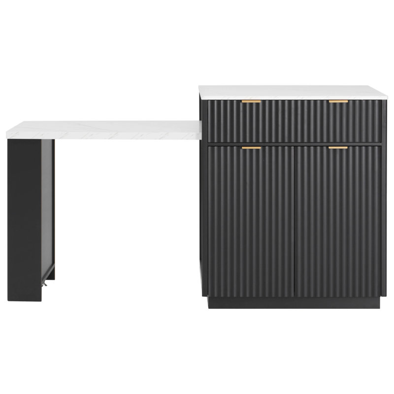 Îlot de cuisine cannelé 82,6 po avec table de salle à manger extensible pour 4 à 6 personnes, Black