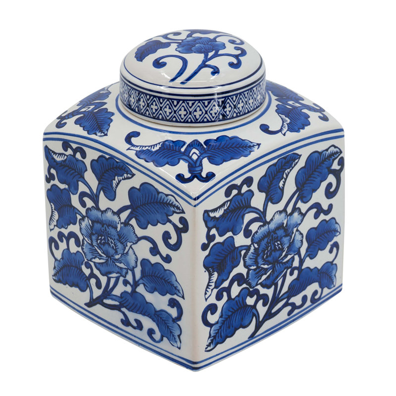 5X5x8" Hand Painted Square Canister, Blue And White Floral Pattern