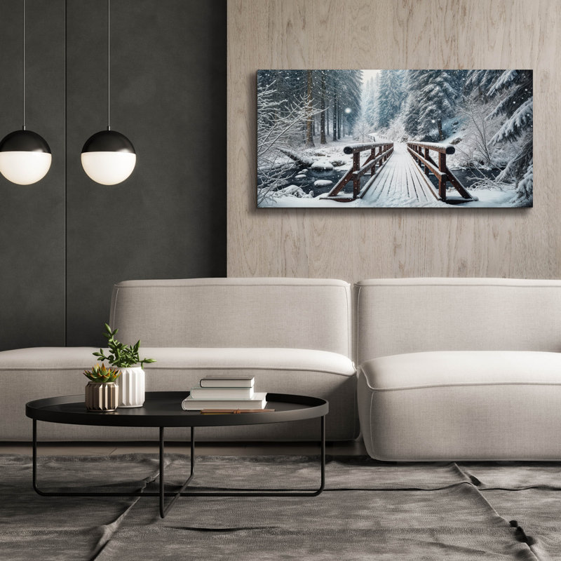 «Epic Graffiti« Wooden Bridge In Snow Over River, Winter »par Rey Klimt, art mural sur toile