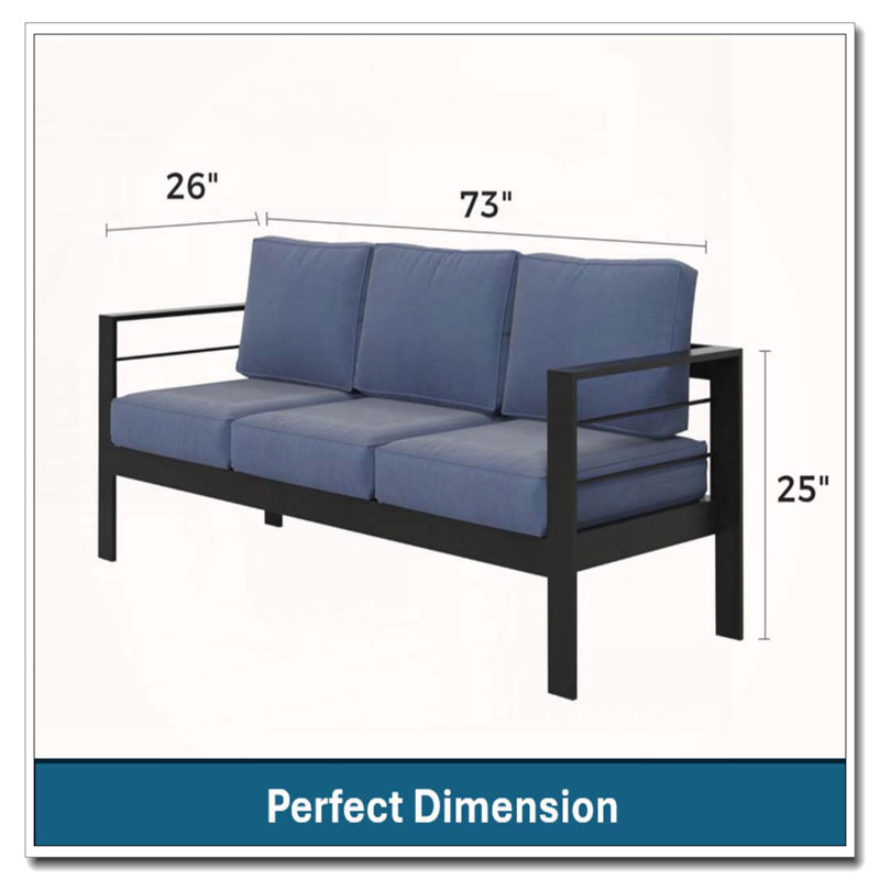 73 All-Weather Aluminum 3-Seat Patio Sofa with Blue Cushions, Blue, Black
