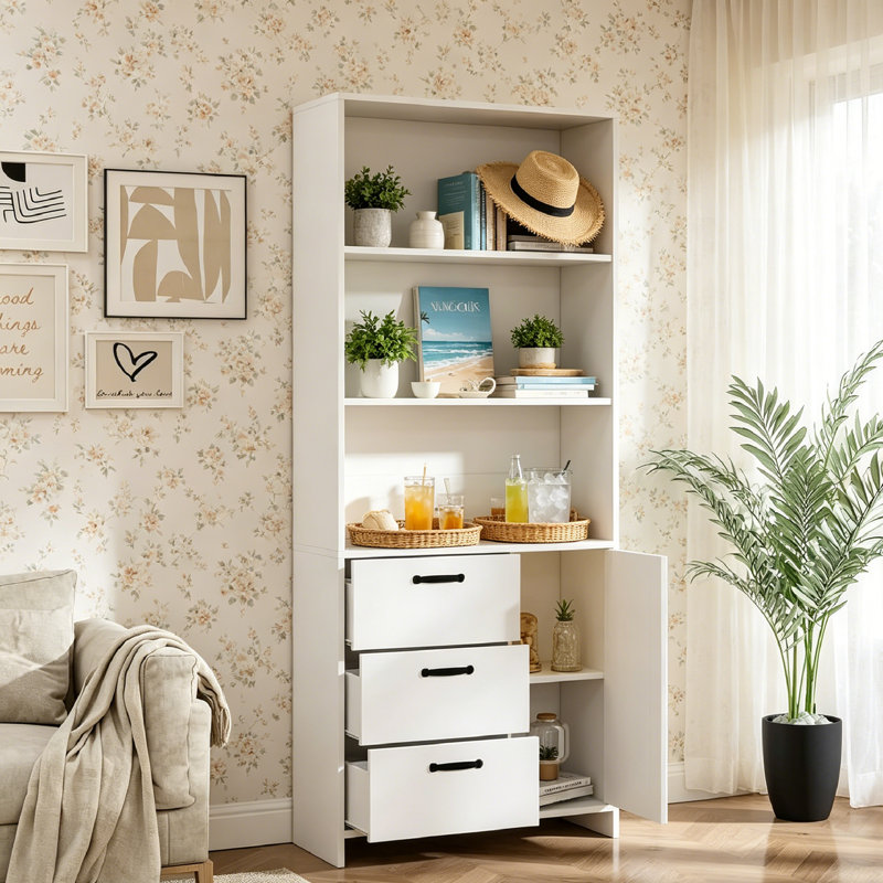 5-Tier Bookshelf with Door and 3 Drawers, 70.87" Wooden Bookcase with 3 Open Shelves, Farmhouse Floor Standing Bookcase with Storage Cabinet, Wooden Book Shelf for Home Office, Living Room, Bedroom.