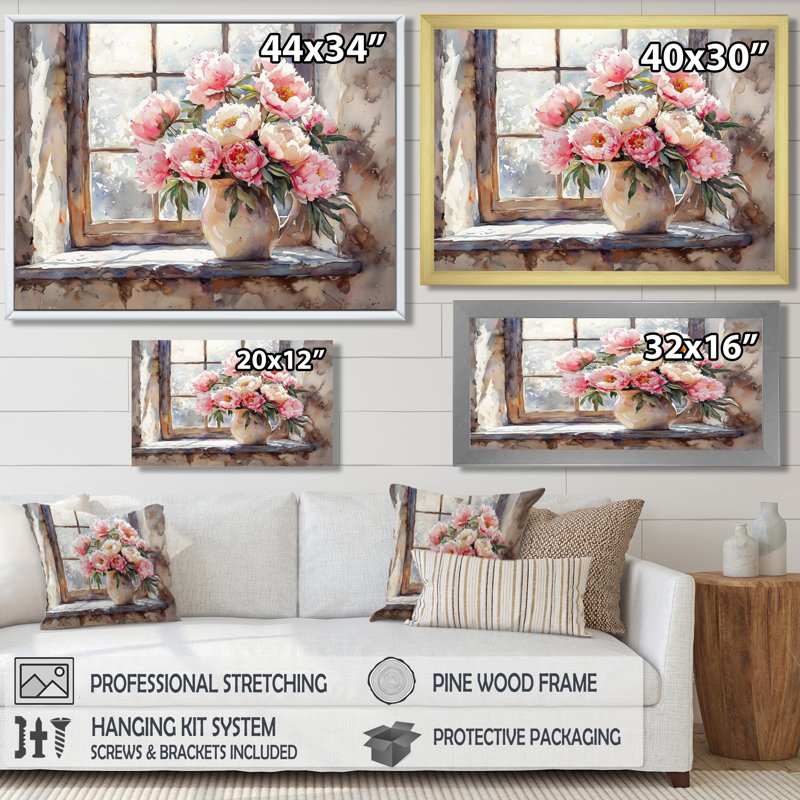 «Rustic Romance Peony Bouquet I», art mural pivoines pour le salon, H 24 po x l 32 po, Cadre flottant noir