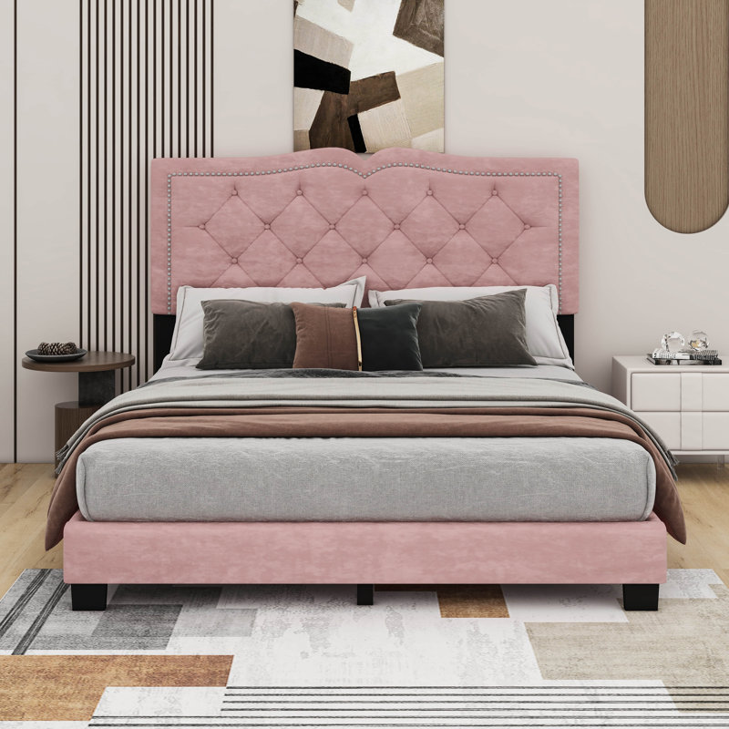 Lit plateforme tapissier Bilgehan, Rose, Grand