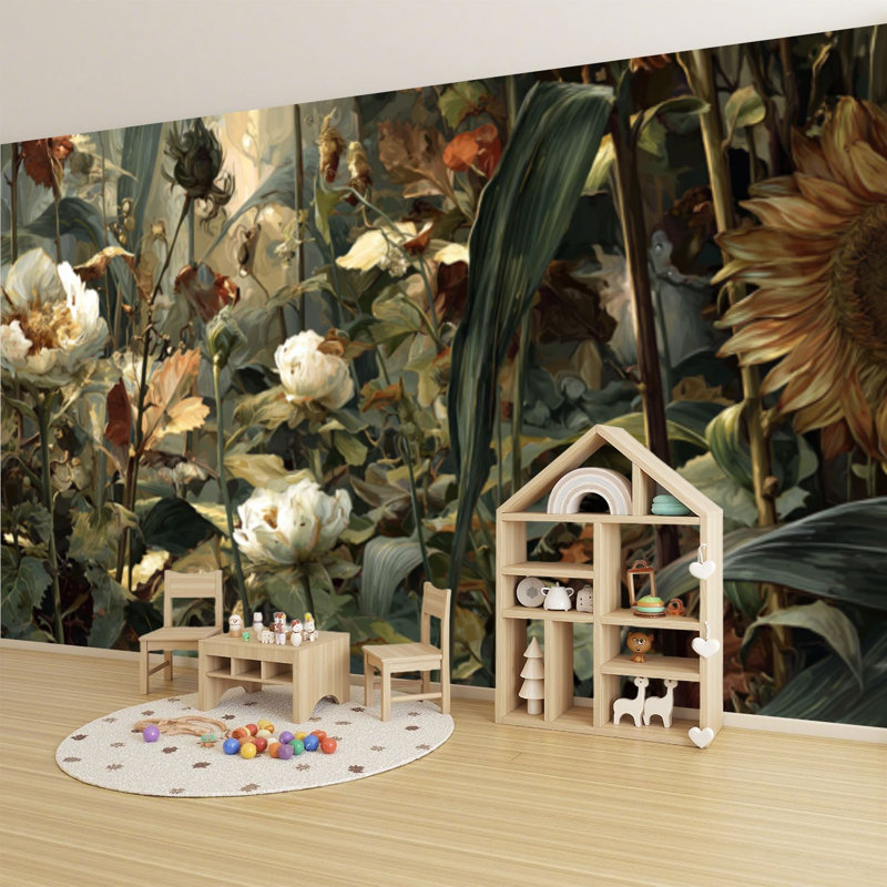 Papier peint adhésif auto-adhésif moderne pour la chambre à coucher avec peinture de tournesol à feuillage de rêve L 69 po x l 96 po