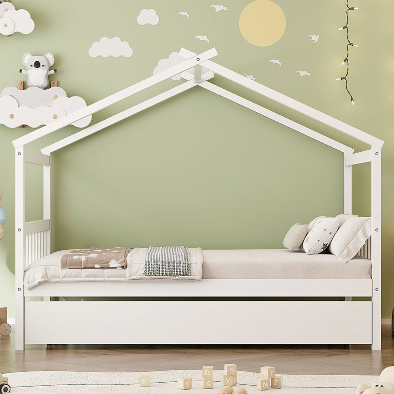 Wooden House Bed with Trundle, Twin, White