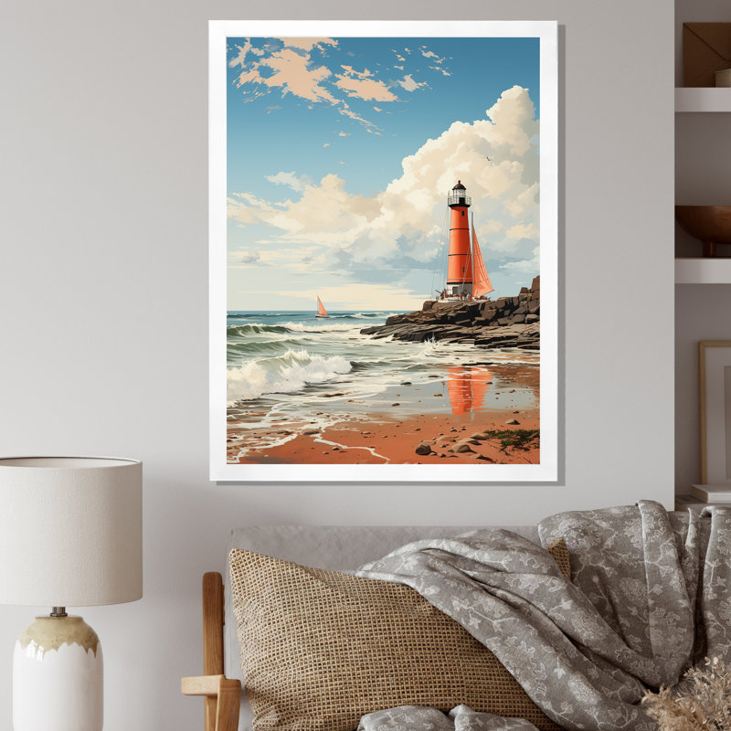 Illustration de plage rétro sur une plage de phare rouge sur toile, H 32 po x l 24 po, Cadre flottant doré
