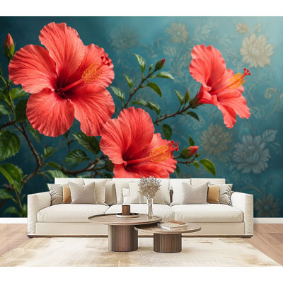 Murale fleurs d'hibiscus, feuilles vertes tropicales, fleurs florales, papier peint auto-adhésif mural pour chambre à coucher, salon, L 69 po x l 96 po