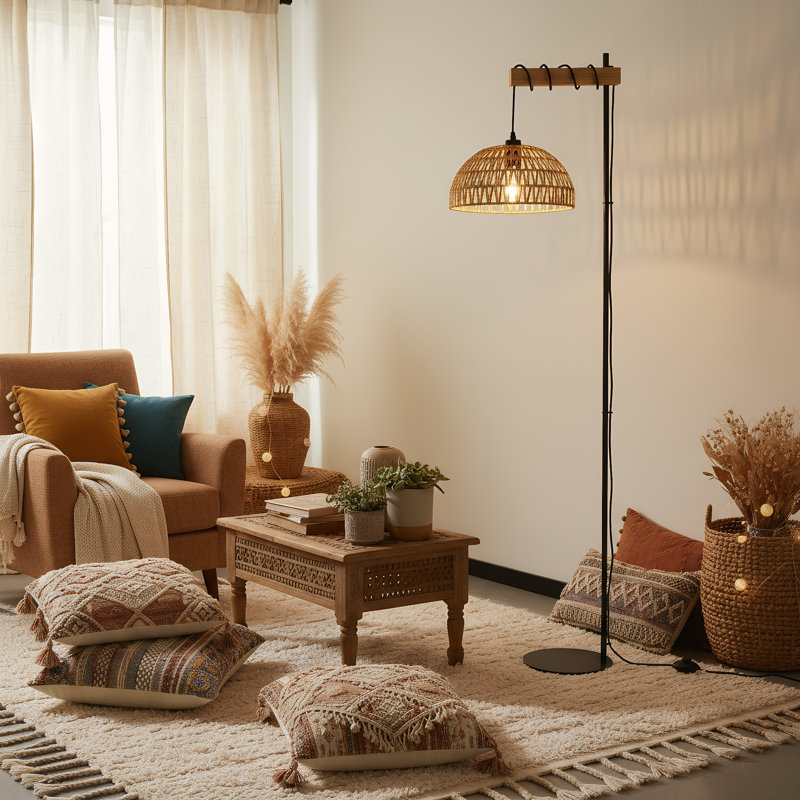 Frankie 62" Wood And Hemp Rope Floor Lamp – Boho Woven Shade With Black Metal Base, Beige