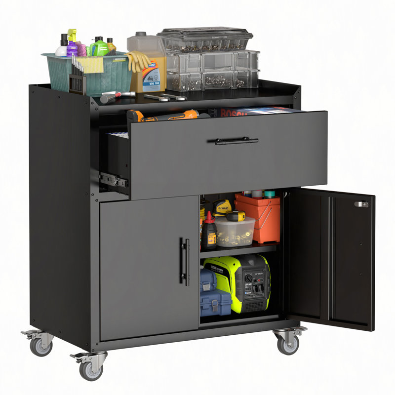 2 Door + 1 Drawer Tool Cabinets For Garage, Lockable Garage Storage Cabinet, Locking Metal Storage Cabinet With Wheels, Rolling Tool Chest, Assembly Required H35.4*W30.3*D18