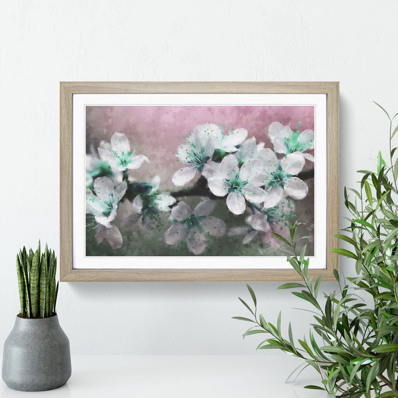 White Cherry Blossom Tree in Bloom - Picture Frame Painting Print, Oak Framed, 24cm H x 33cm W x 2cm D