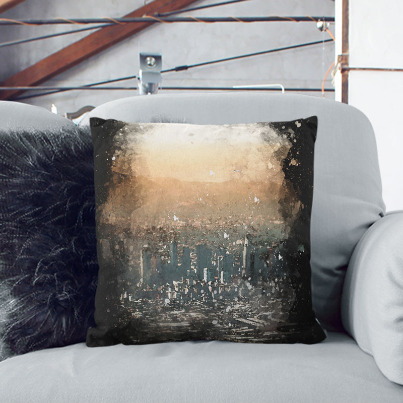 High over the Los Angeles Skyline Paint Splash Cushion with Filling, Stone, 40cm H x 40cm W x 15cm D