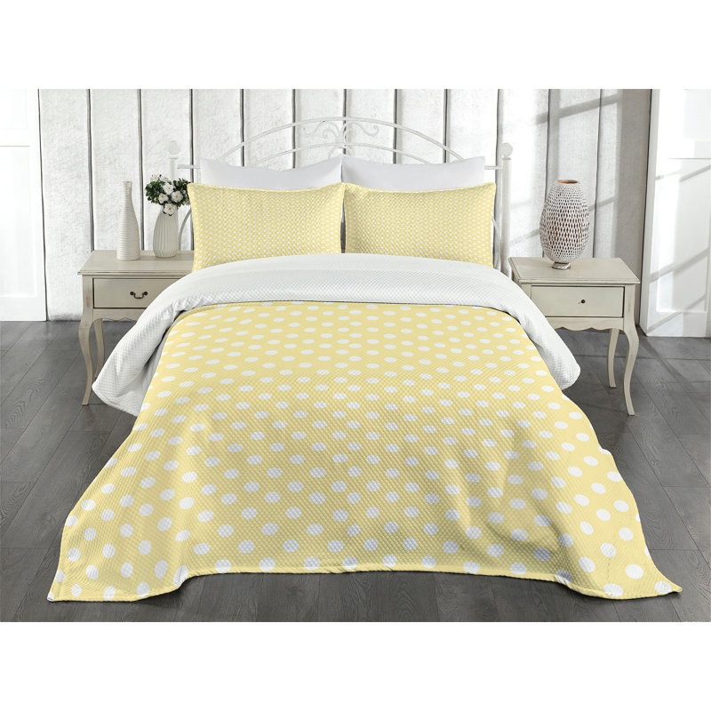 King White and Yellow Polka Dot Quilted Bedspread Set