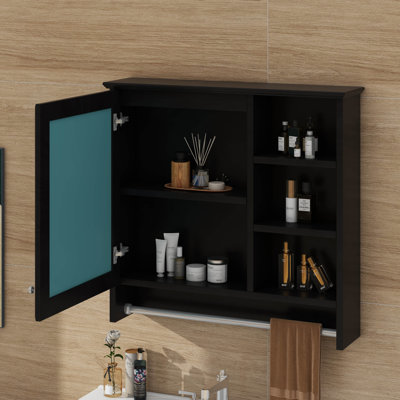 Pharmacie, armoire murale de salle de bain en bois avec tablettes réglables et barre à serviettes