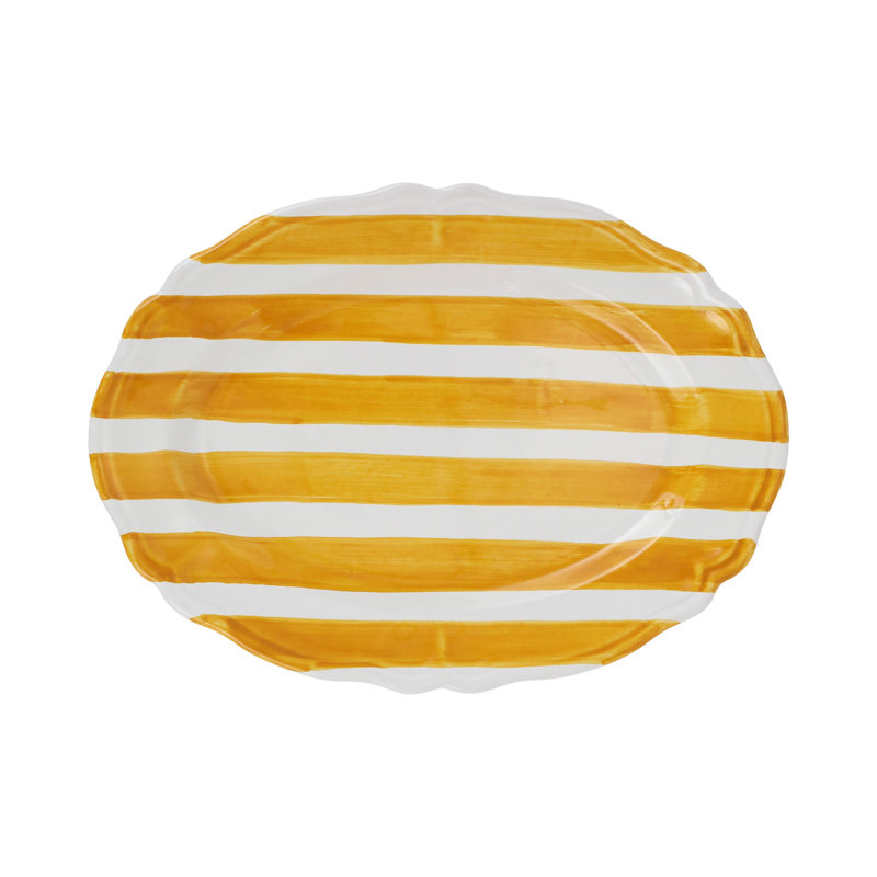 Yellow Ceramic Oval Serving Platter with Stripes