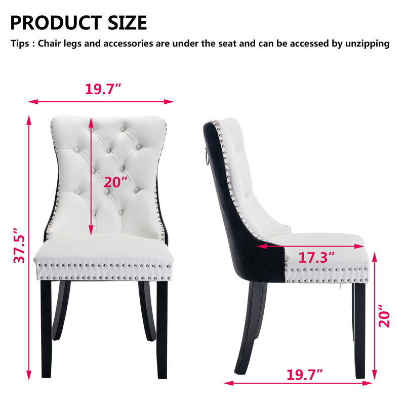 Kingson Modern Glam Tufted Two-Tone Dining Chair with Nailhead Trim & Back Pull Ring, White/Black, 2
