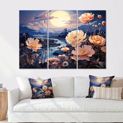Charmant coucher de soleil magique prairie I - ensemble d'art mural sur toile fleur