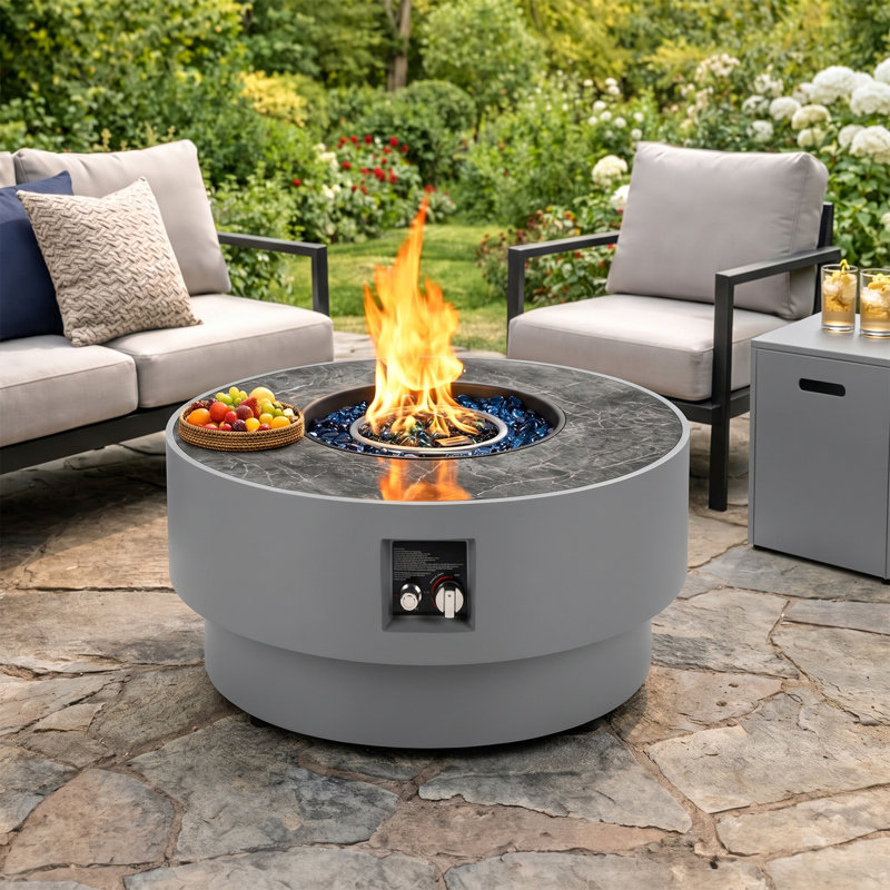 Table brasero ronde 2 en 1 au propane de 81 cm (32 po) avec couvercle pour réservoir, 50 000 BTU, grise.