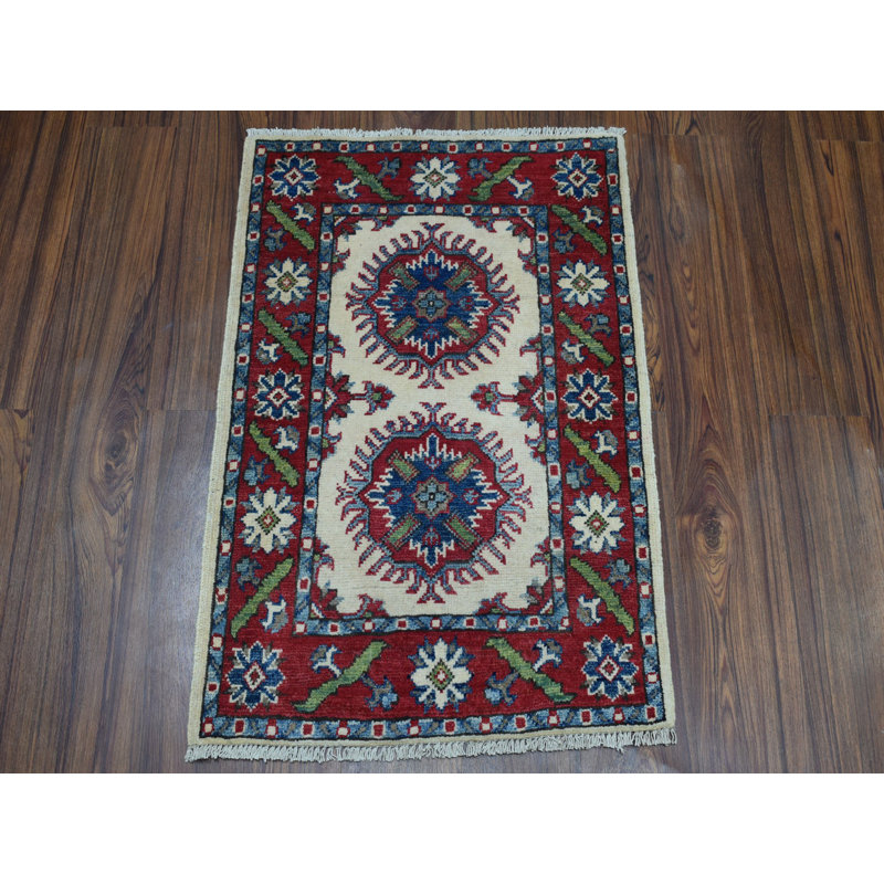 Tapis zone en laine rouge/beige/bleu 2 pi x 2 pi 9 po one-of-kind à la main noué la kazak Daniel