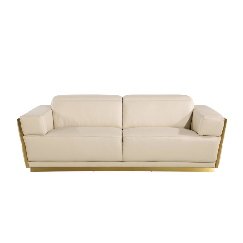Sylvian Top Grain Genuine Italian Leather Sofa, Gold, Beige