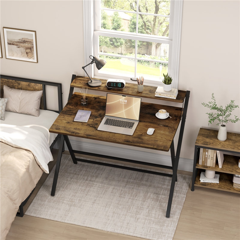 2-Tier Foldable Computer Desk, Rustic Brown/Black, 90cm. H x 106.5cm. W x 60.5cm. D