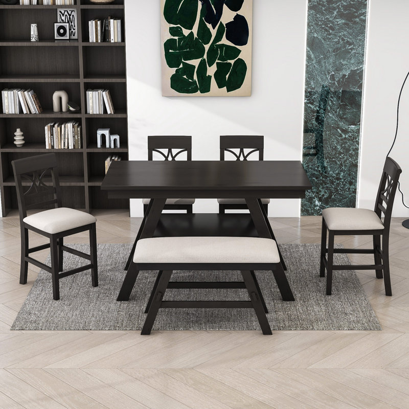 Damu 6 - Piece Dining Set, Dining Table with Storage Shelf and Bench and 4 Chairs, Espresso, Espresso