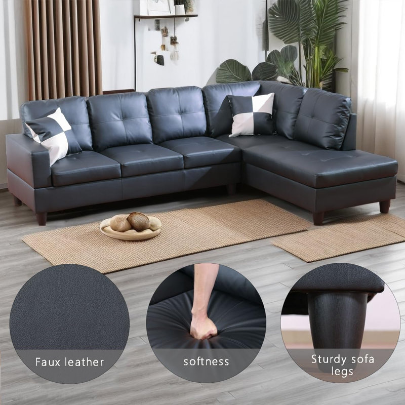 Bawan Faux Leather L-Shaped Sectional, Right Hand Facing, Black Faux Leather