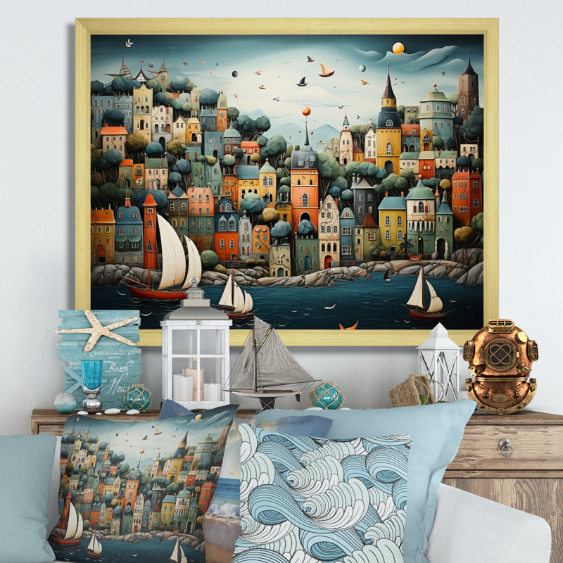 Coastal Dream Harbor Hues - Imprimé, H 24 po x l 32 po x P 1 po, Cadre doré à une seule photo