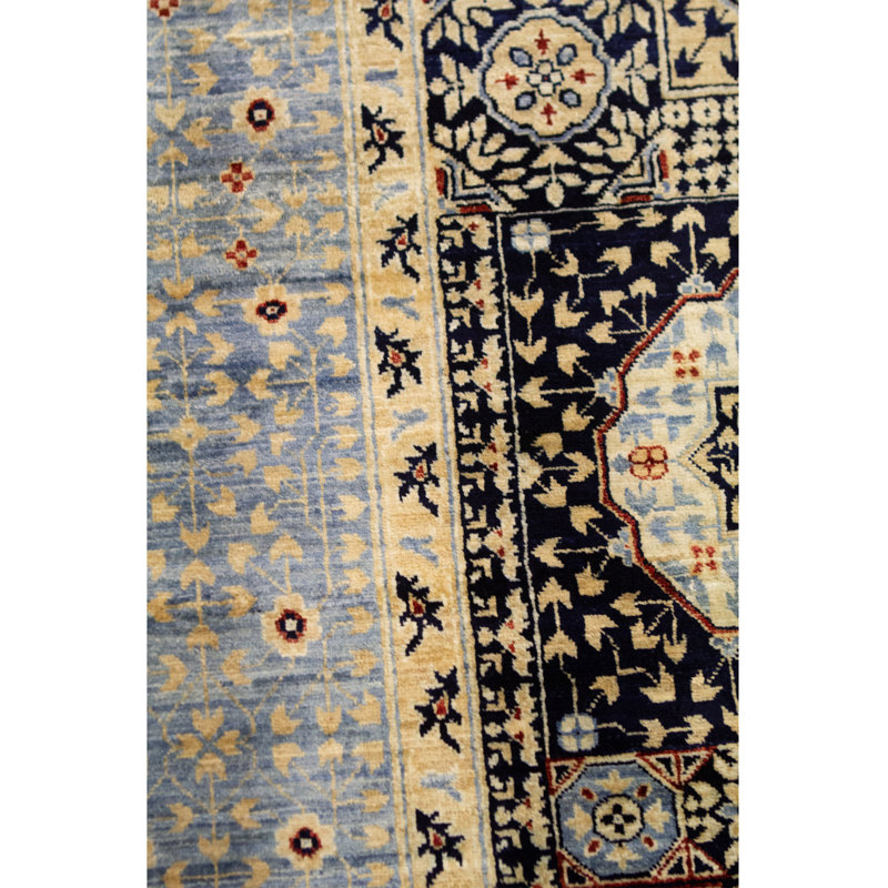 Tapis bleu marine et bleu clair noué à la main de haute qualité