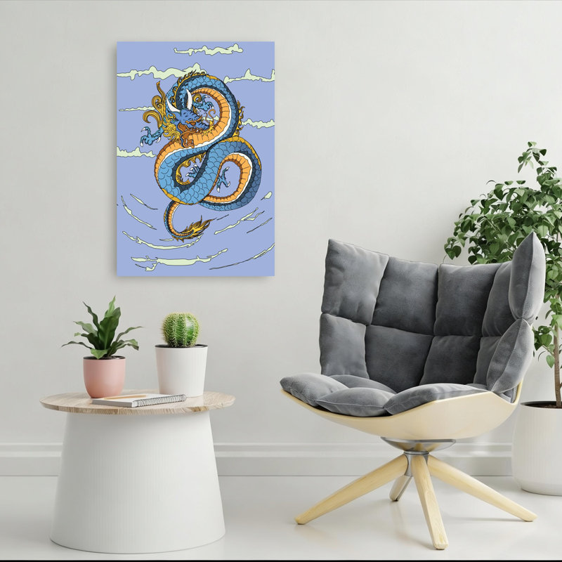 Bleu ciel, dragon, paysage traditionnel vibrant, art mural, H 36 po x l 24 po