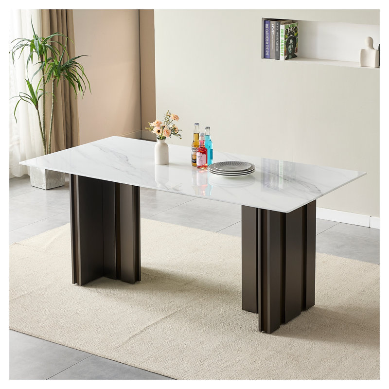 Table de salle à manger rectangulaire de 176 cm (69,3 po) avec dessus en verre trempé effet marbre et pieds en métal gris mat, de 4 à 6 couverts, de style moderne