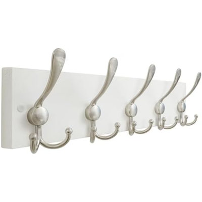 Creations White Solid Wood Wall Mounted Coat Rack, 5 Hooks, 16-7/8" Long - Kitchen, Mudroom, Entryway, Bathroom - Includes Mounting Hardware, Wall Coat Hanger, Towel Rack