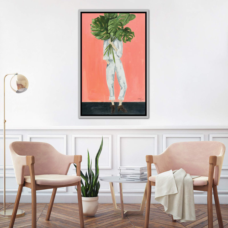 « monstera », peinture, Toile avec cadre argenté, H 48 po x l 32 po x P 1,5 po